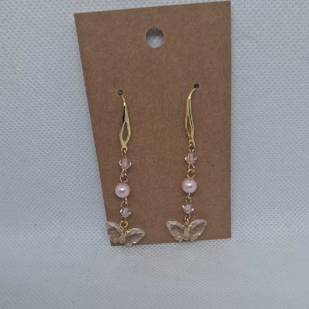 Elegant Gold Tone and Pink Butterfly Earrings